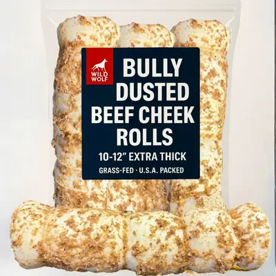 10-12” Bully-Dusted Beef Collagen Cheek Rolls (3 Pack) 100% Natural and Extra-Thick - Long-lasting for Big Dogs and Aggress...