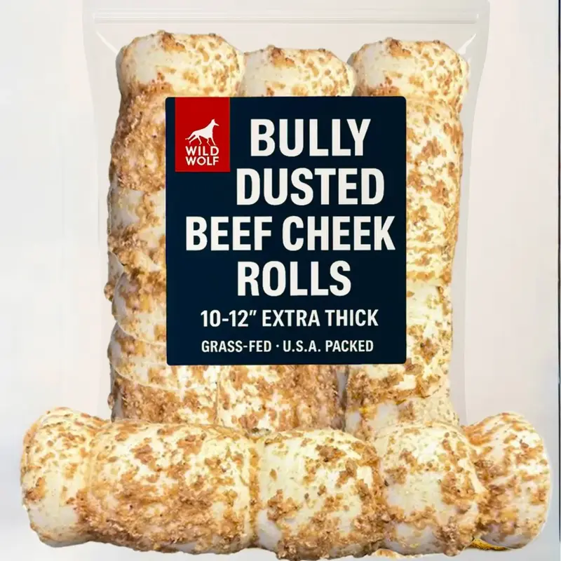 10-12” Bully-Dusted Beef Collagen Cheek Rolls (3 Pack) 100% Natural and Extra-Thick - Long-lasting for Big Dogs and Aggress...