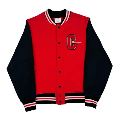 Reverse Weave Champion Spellout Varsity Jacket - Large Red Cotton Blend
