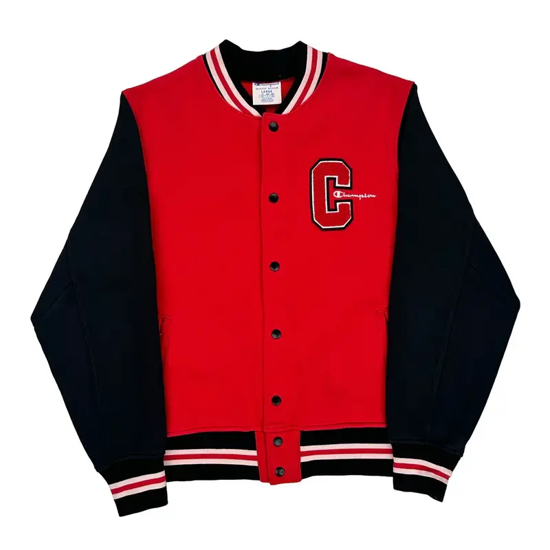 Reverse Weave Champion Spellout Varsity Jacket - Large Red Cotton Blend