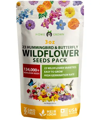 HOME GROWN 130,000+ Wildflower Seeds - Premium Birds & Butterflies Wildflower Seed Mix [3 Oz] Flower Garden Seeds - Bulk Wild...