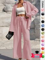 Women's Solid Button Front Shirt & Tie Front Wide Leg Pants Two-piece Set, Casual Loose Drop Shoulder Long Sleeve Top & Trous...