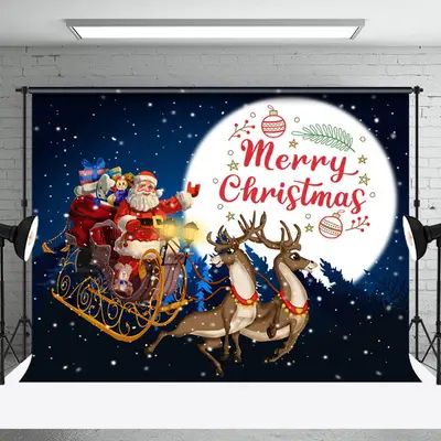 Aperturee Winter Night Moon Santa Elk Forest Christmas Backdrop - Aperturee