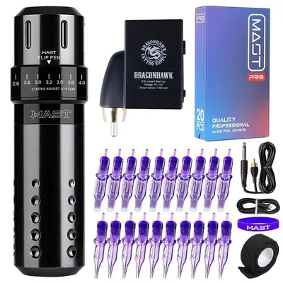 Mast Flip Rotary Tattoo Pen Machine 2.6-4.0mm Stroke Wireless Battery Custom Motor Supply Kit
