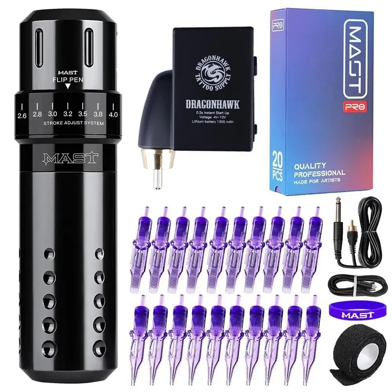 Mast Flip Rotary Tattoo Pen Machine 2.6-4.0mm Stroke Wireless Battery Custom Motor Supply Kit