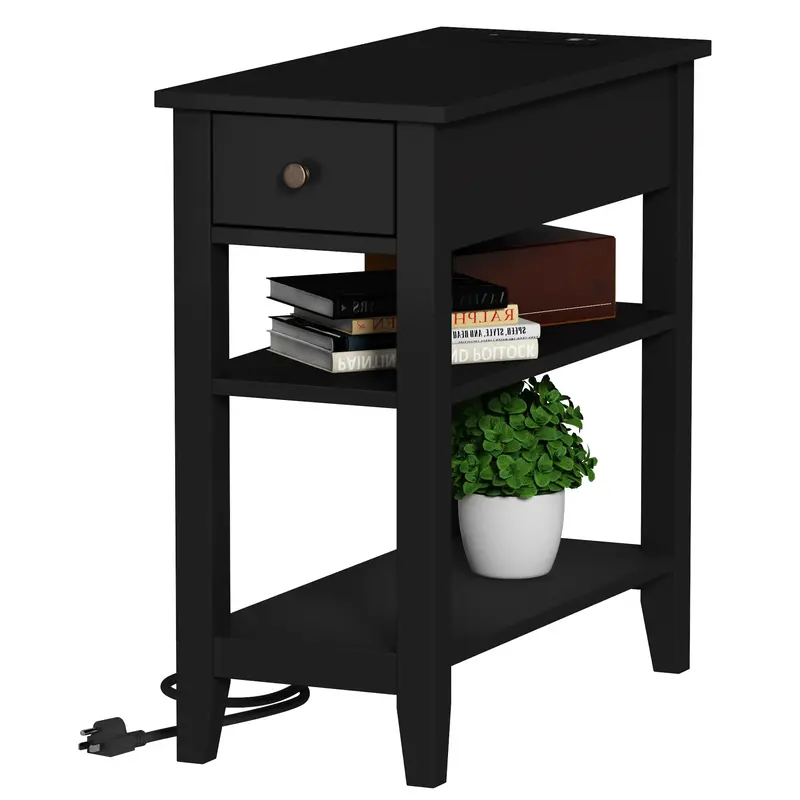 Narrow End Table with Charging Station, Side Table Living Room with USB Ports & Power Outlets and Hidden Drawer, 3-Tier Skinn...