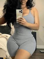 Women's Solid Color Ribbed Tank Romper, Casual Sleeveless Square Neck Skinny Romper for Daily Wear, Ladies Clothes for All Se...