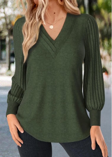 Modlily Olive Green Patchwork Long Sleeve V Neck T Shirt - XXL