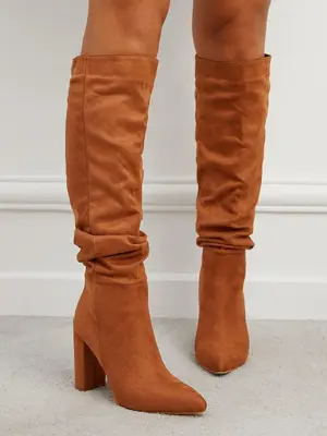 Women's 1 Pair Solid Pleated Design Pointed Toe Boots, Fashionable Elegant Knee High Boots For Fall & Winter, Women's Boots F...