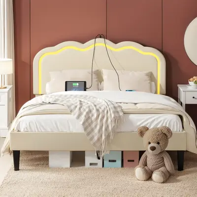 VECELO Adjustable  Height Queen Full Twin Size  Frame LED Light Charging Station Upholstered  Velvet Headboard Platform Multi...