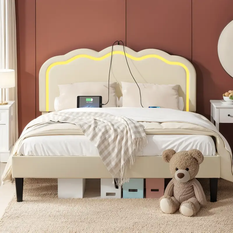 VECELO Adjustable  Height Queen Full Twin Size  Frame LED Light Charging Station Upholstered  Velvet Headboard Platform Multi...