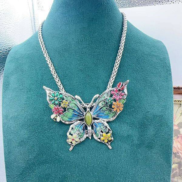Flower Butterfly Alloy Colorful Enamel & Cat Eye Pendant Necklaces for Women