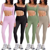 Kabuer Women's Workout Two Piece Set - Long Sleeve Crop Top and Yoga Pants, Solid Color, Medium Stretch, Nylon & Elastane Mat...