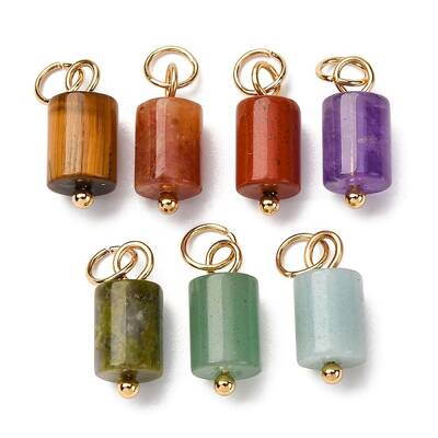 Natural Mixed Gemstone Column Charms with 304 Stainless Steel Jump Rings