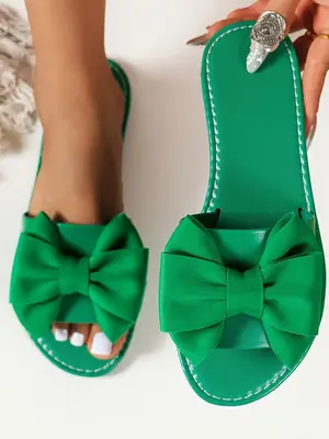 Girl Summer Bow Decor Slip on Green Flat Sandals, Comfort Casual Outdoor Beach Slide Sandals for Summer, Girl New Trend All-m...