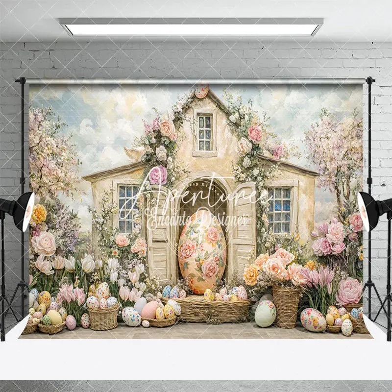 Aperturee Colorful Fairy Floral House Eggs Easter Backdrop, 3X2FT(1MX0.6M), 14 USD, easter backdrops, ENHD3J06-M