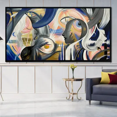 Original Colorful Paintings On Canvas Figurative Faces Artwork Abstract Textured Wall Art for Living Room | MOON PEOPLE