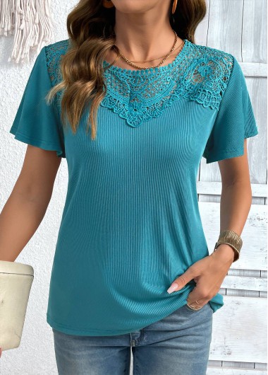 Modlily Turquoise Short Sleeve Round Neck T Shirt - XL
