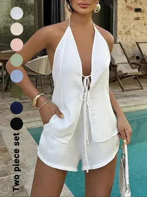 Women's Solid Color Tie Back Top & Shorts Set, Casual Fashion Two-piece Outfits for Summer, Ladies Clothes for Beach Holiday ...