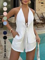 Women's Solid Color Tie Back Sleeveless Top & Shorts Set, Slim Fitted Casual Fashion Two-piece Outfits for Summer, Ladies Clo...