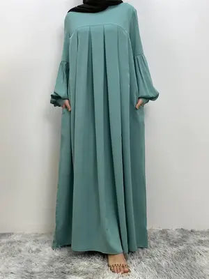 Women's Solid Lantern Sleeve Arabian Dress Without Hijab, Casual Long Sleeve Pleated Dress, Ladies Spring & Fall Clothes Fo...