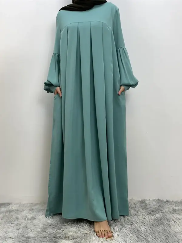 Women's Solid Lantern Sleeve Arabian Dress Without Hijab, Casual Long Sleeve Pleated Dress, Ladies Spring & Fall Clothes Fo...