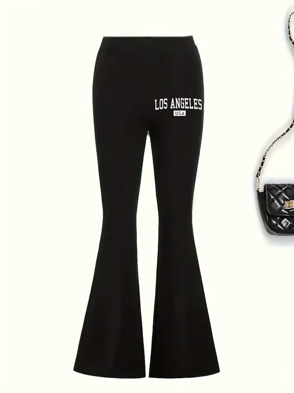 Girl's Letter Print Flare Leg Pants, Casual Comfy Bell Bottom Trousers for Daily Wear, Kids Bottoms for All Seasons