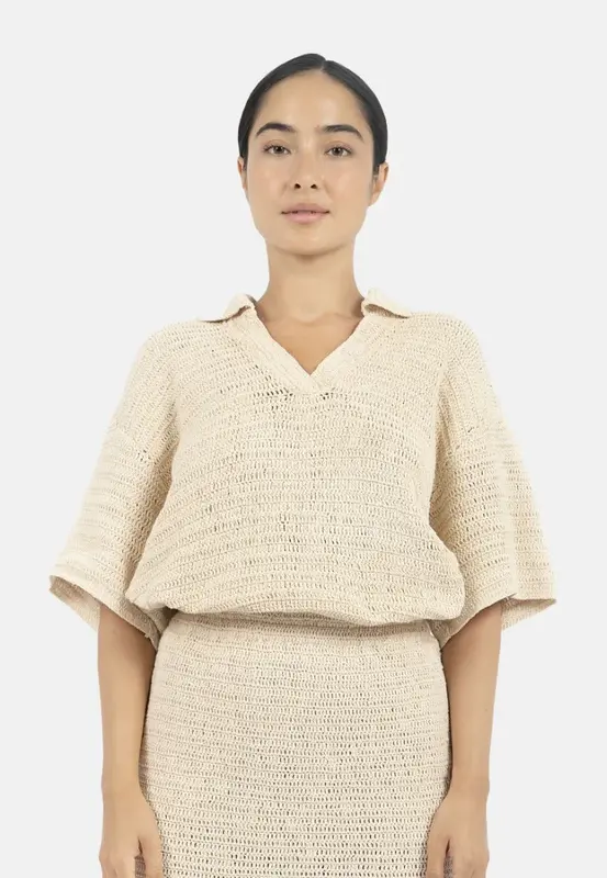 Sedona Crochet Polo Top-Natural | Size: XS