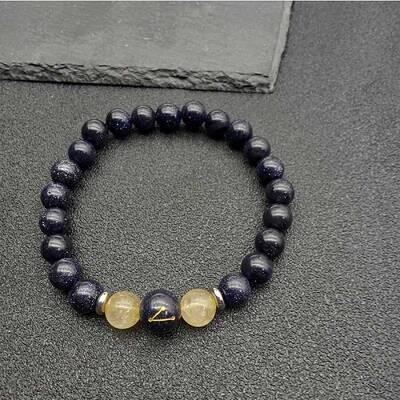 Taurus Round Synthetic Blue Goldstone & Natural Rutilated Quartz Stretch Bracelets for Women Men