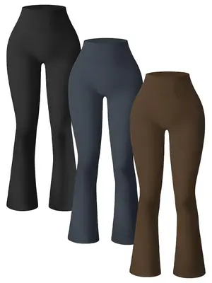 Sporty Women's 3pcs Solid Color High Waist Flare Leg Sports Leggings, High Stretch Seamless Bell Bottom Tight-Fitting Yoga Le...