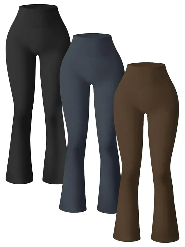Sporty Women's 3pcs Solid Color High Waist Flare Leg Sports Leggings, High Stretch Seamless Bell Bottom Tight-Fitting Yoga Le...