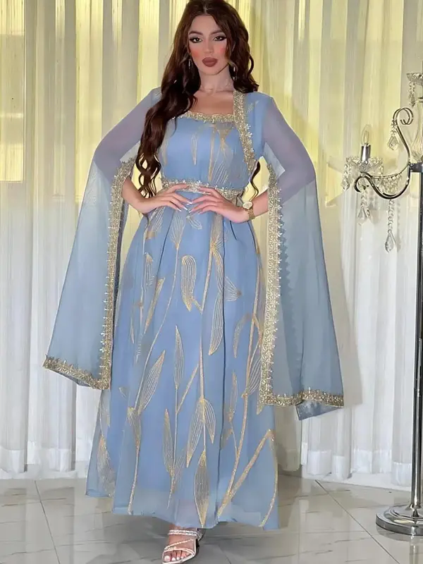 Ramadan Arabic Clothing-Plants Embroidery Contrast Lace Cloak Sleeve Belted Dress, Elegant Long Sleeve Square Neck A Line Dre...