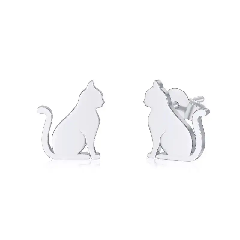14K White Gold Cat Stud Earrings