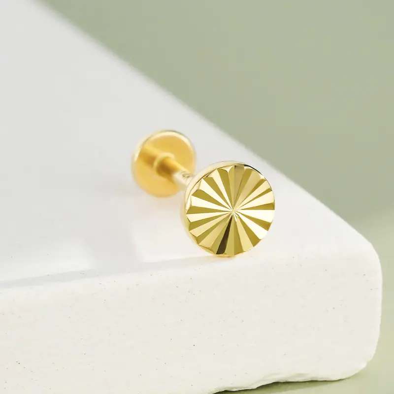 14K Gold Ray of Light Disc Threadless Cartilage Stud - 14K Top Only / 3mm