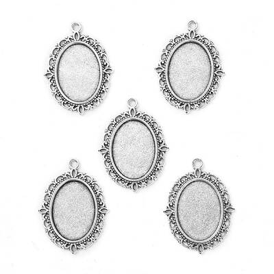 Tibetan Style Antique Silver Alloy Flat Oval Pendant Cabochon Settings