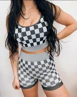 Seamless Checkered Sports Bra and Shorts Two Piece Set Fit