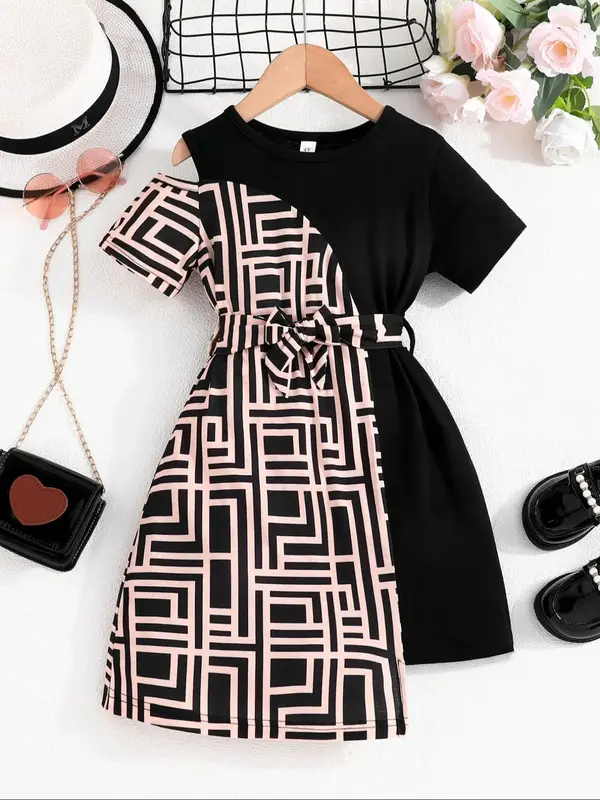 Toddler Girl's Geometric  Patchwork Print Cut Out Belted Tee Dress, Elegant Asymmetrical Round Neck Short Sleeve Dress for Su...