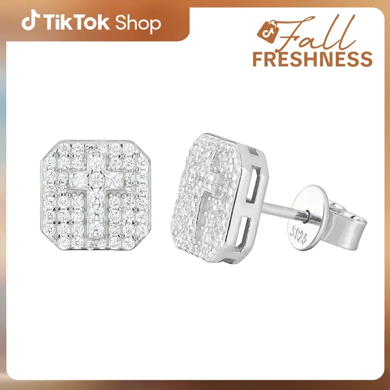 【#E523】UCCIYO Cross Stud Earrings Synthetic Moissanite Earrings For Women 925 Sterling Silver Stud Earring Men Hip Hop Je...