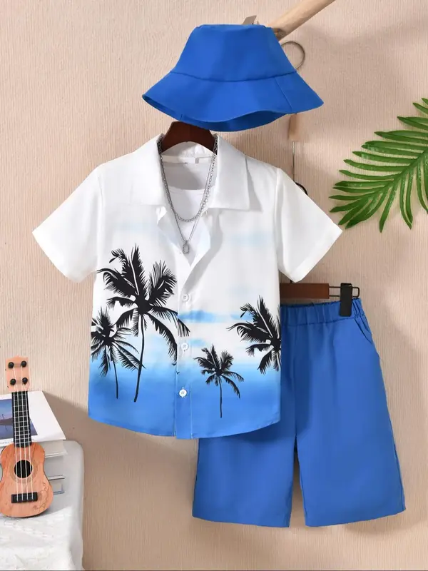 Three-piece Set Boy's Palm Tree Print Short Sleeve Top  & Shorts & Hat Set, Casual Summer Outfits Clothes for Kids, Kids Clot...