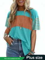 【Plus Size】 Colorblock Striped Print Tee, Casual Short Sleeve Round Neck T-shirt for Summer, Women's Plus Clothing for Da...