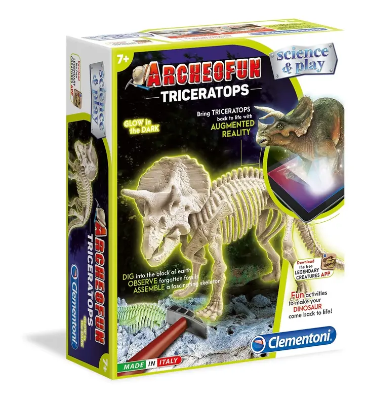 Clementoni, Science & Play, Archeofun Triceratops Glow in The Dark, Puzzle, 61723, Unisex, 7+ years