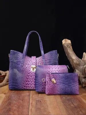 Women's Elegant Retro Crocodile Embossed Tote Bag Set, Luxury Summer Beach Essentials, Trendy Ombre Large Handbag & Cosmetic ...