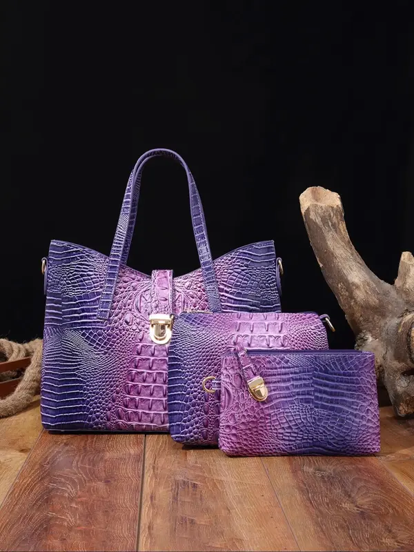 Women's Elegant Retro Crocodile Embossed Tote Bag Set, Luxury Summer Beach Essentials, Trendy Ombre Large Handbag & Cosmetic ...