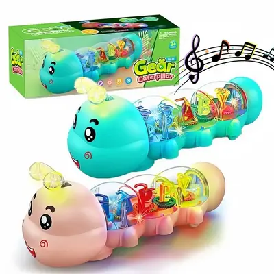 Creative Caterpillar Design Music Car Toy with Sound and Light, 1 Box Transparent Shell & Internal Alphanumeric Display Music...