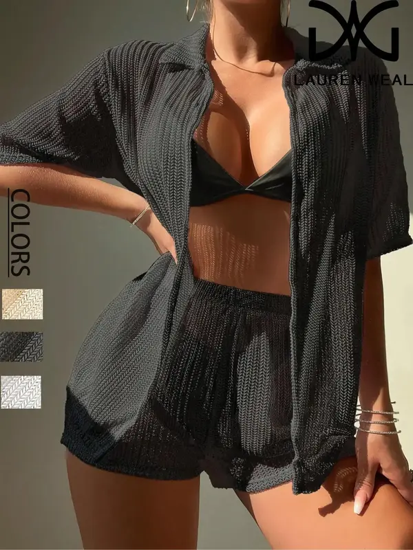 Women's Solid Hollow Out Cover Up Top & Shorts Set, Casual Basic Fashion Two-piece Outfits for Beach Vacation, Ladies Clothes...