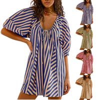 SCUSTY Womens Romper Casual Loose Puff Sleeve Wide Leg Striped Jumpsuit Overall with Pockets