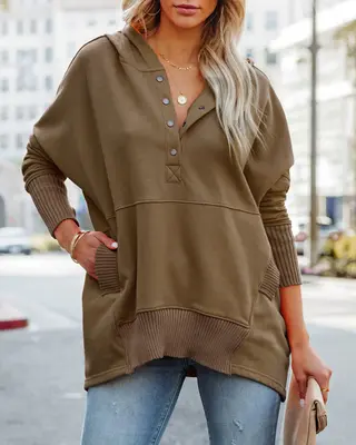 Women's Casual Oversized Sweatshirts Hoodies Button V Neck Long Sleeve Cotton Henley Pullover Hooded Tops 2025 Womenswear Win...