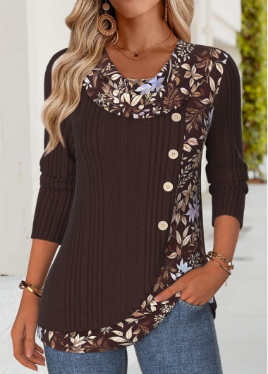 Modlily Dark Coffee Patchwork Floral Print Long Sleeve T Shirt - M