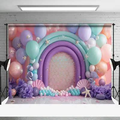 Aperturee Green Purple Balloons Mermaid Cake Smash Backdrop, 3X2FT(1MX0.6M), 14 USD, birthday cake smash backdrops, NYHD2I20-...