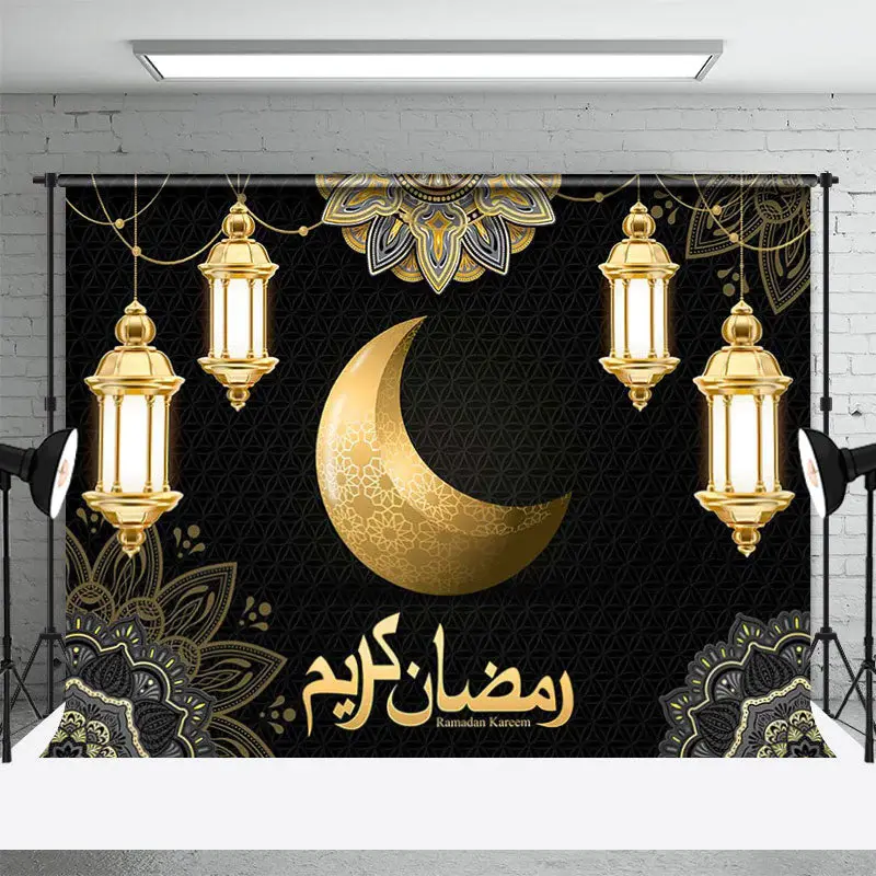 India Eid Mubarak Golden Moon Light Black Backdrop - Aperturee